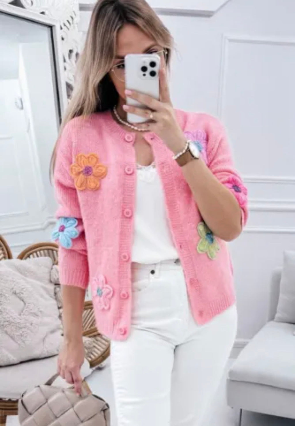 Pink Cute Knitted Floral Button Up Cardigan