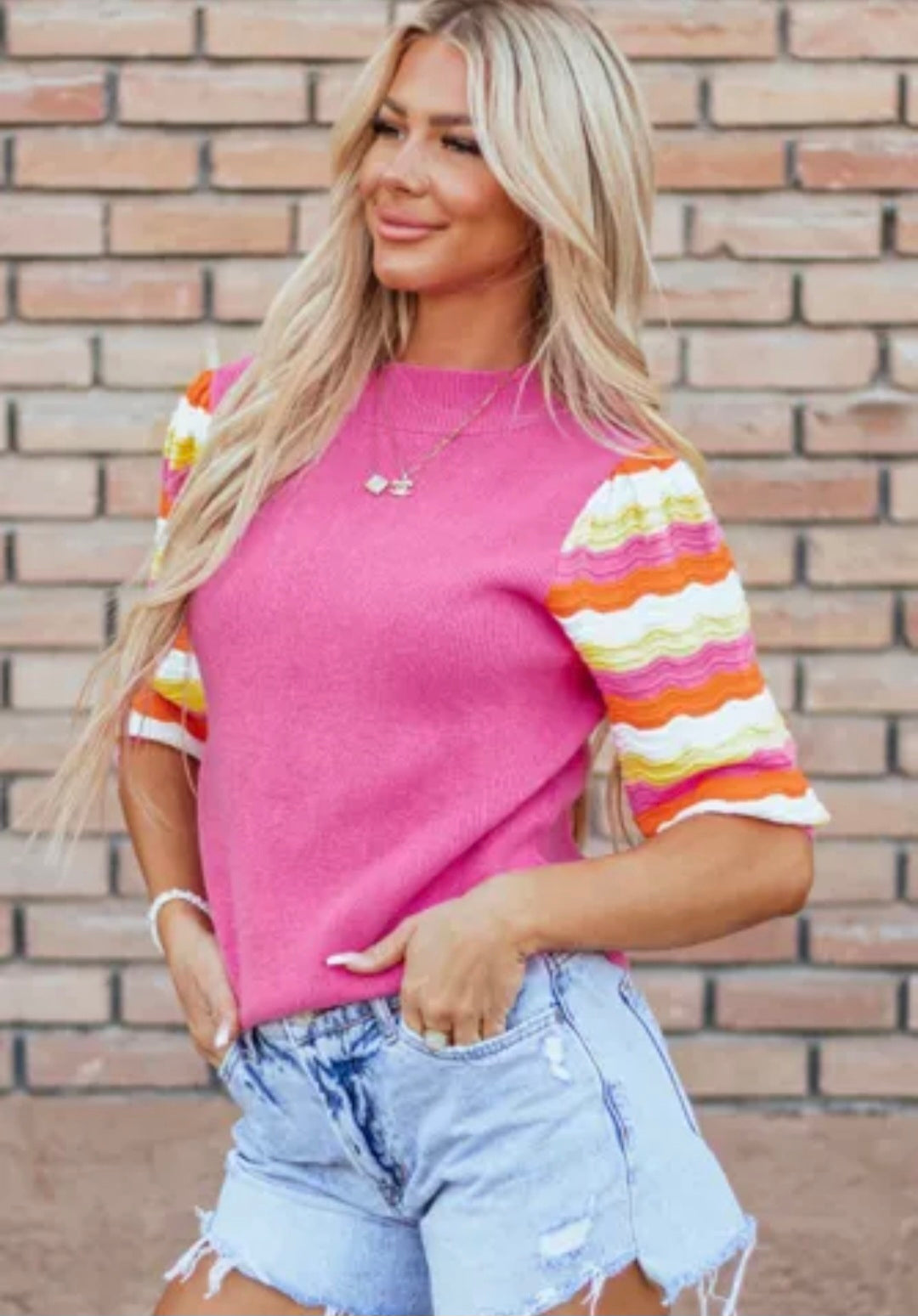 Knit Contrast Sleeve Sweater- Pink