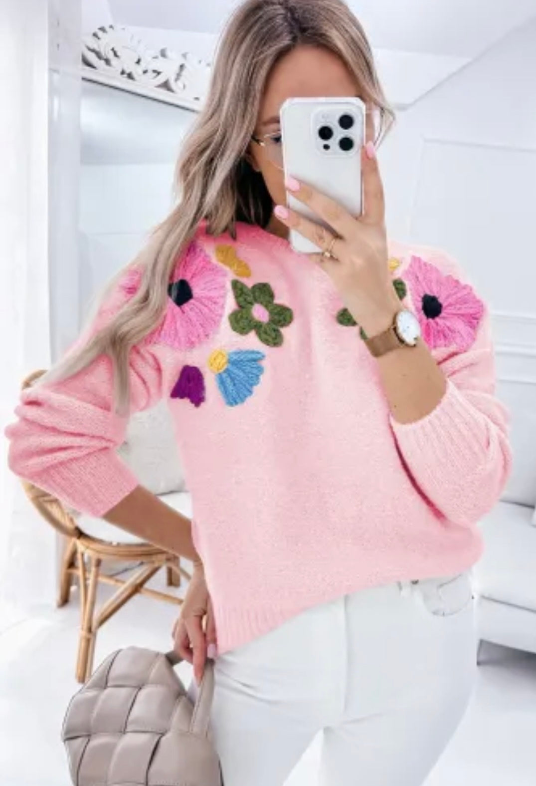 Pink Knitted Flower Pattern Sweater