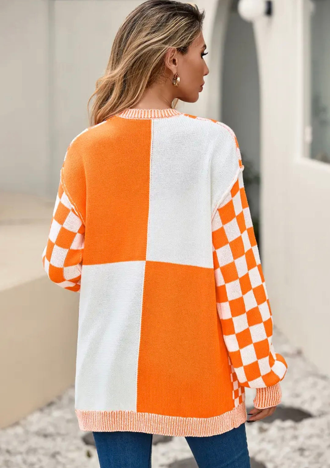 Orange Checkered Open Front Shoulder Cardigan
