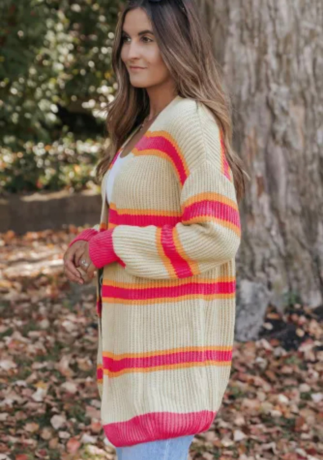 Stripe Printed Ribbed Long Knitted Cardigan
