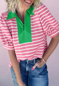 Short Puff Sleeve Blouse Pink Stripe