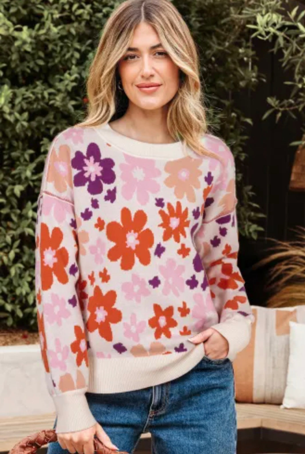 Khaki Fall Floral Pattern Drop Shoulder Sweater
