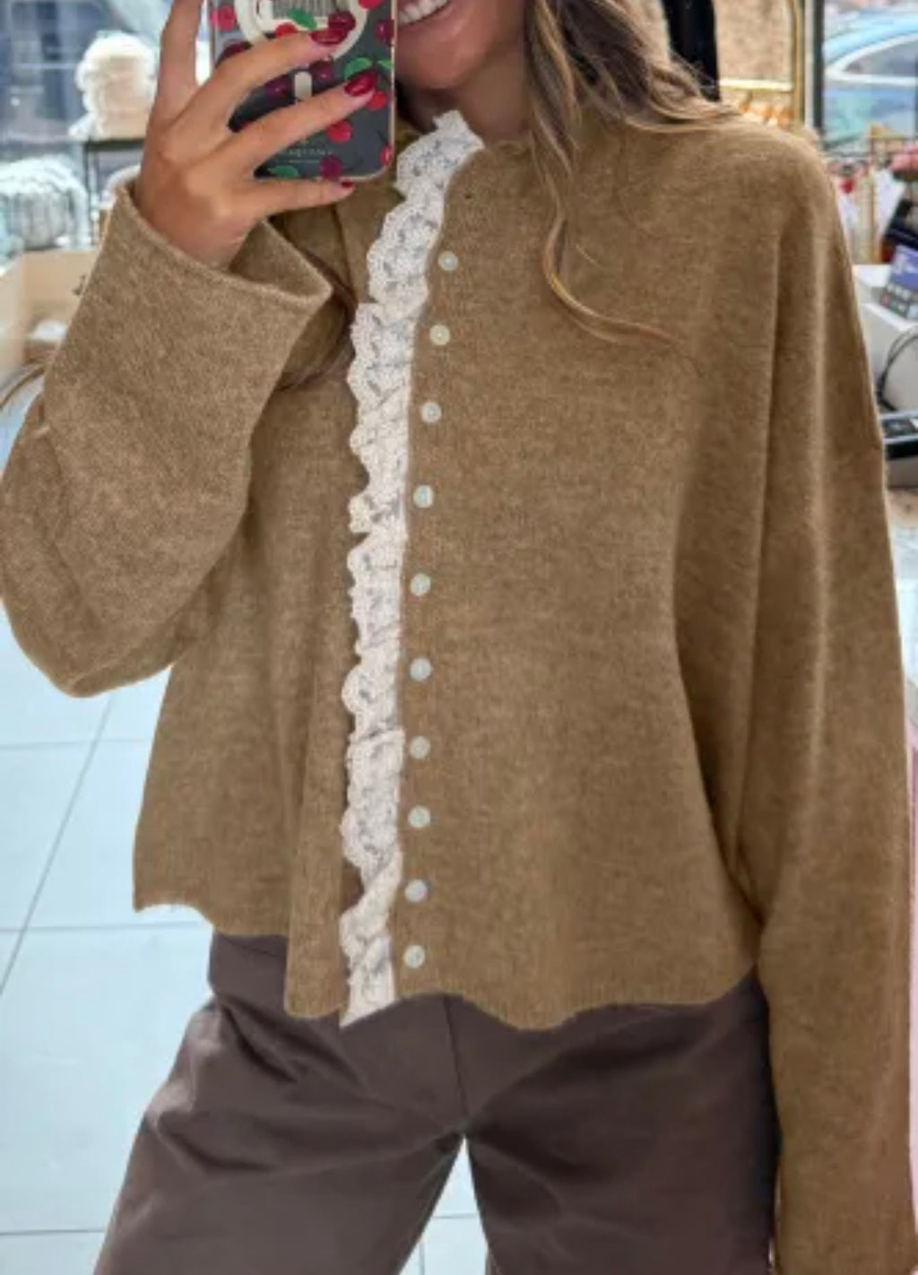 Simply Taupe Frilled Lace Trim Loose Cardigan