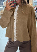 Simply Taupe Frilled Lace Trim Loose Cardigan
