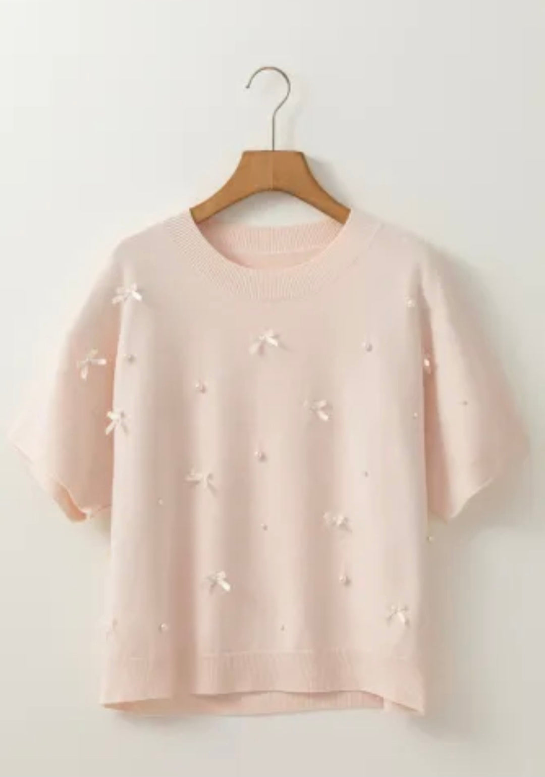 Pearl & Bow Short Sleeve Sweater- Oatmeal