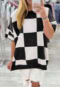 Checkered Loose Fit S/S Sweater-Black
