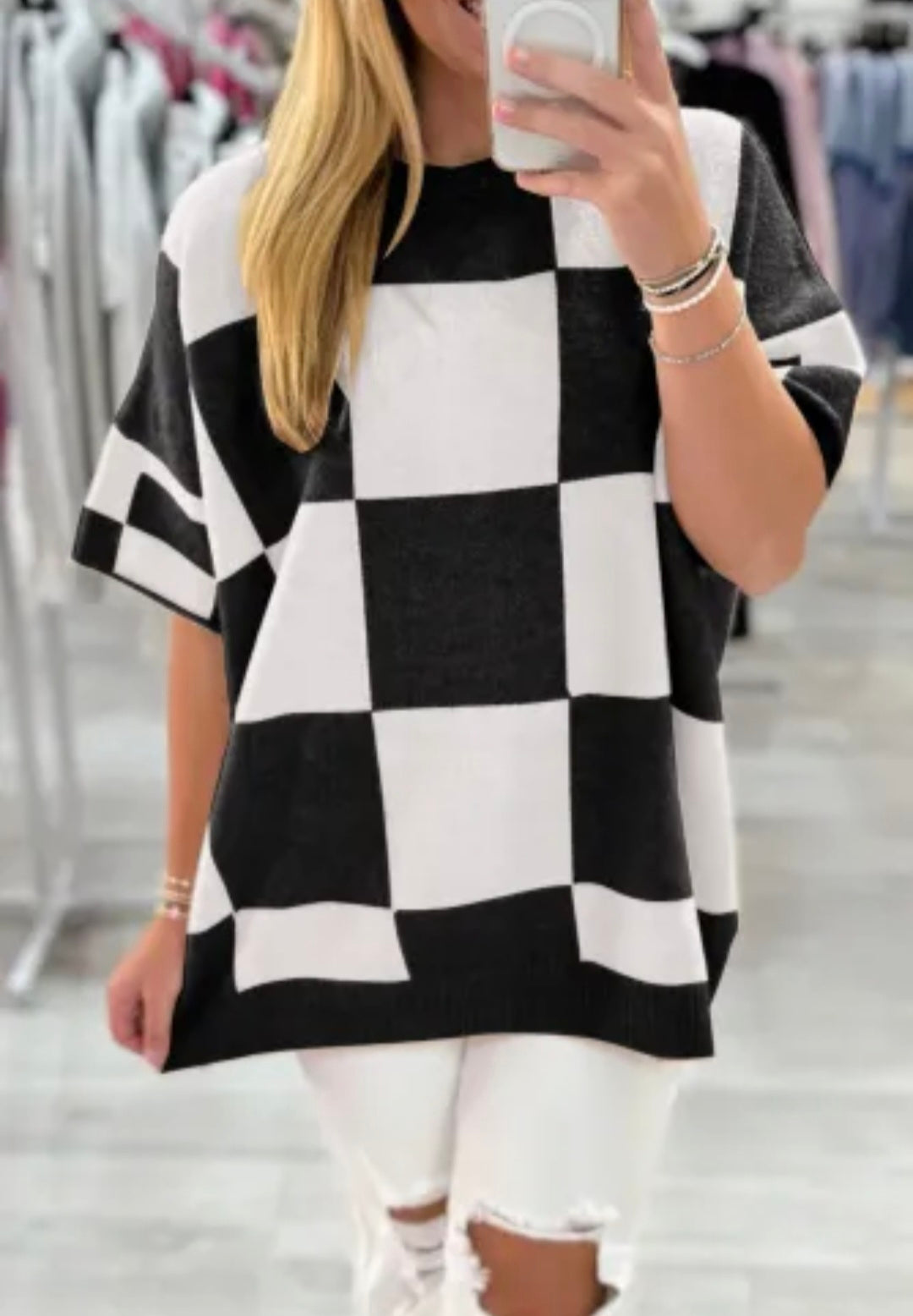 Checkered Loose Fit S/S Sweater-Black