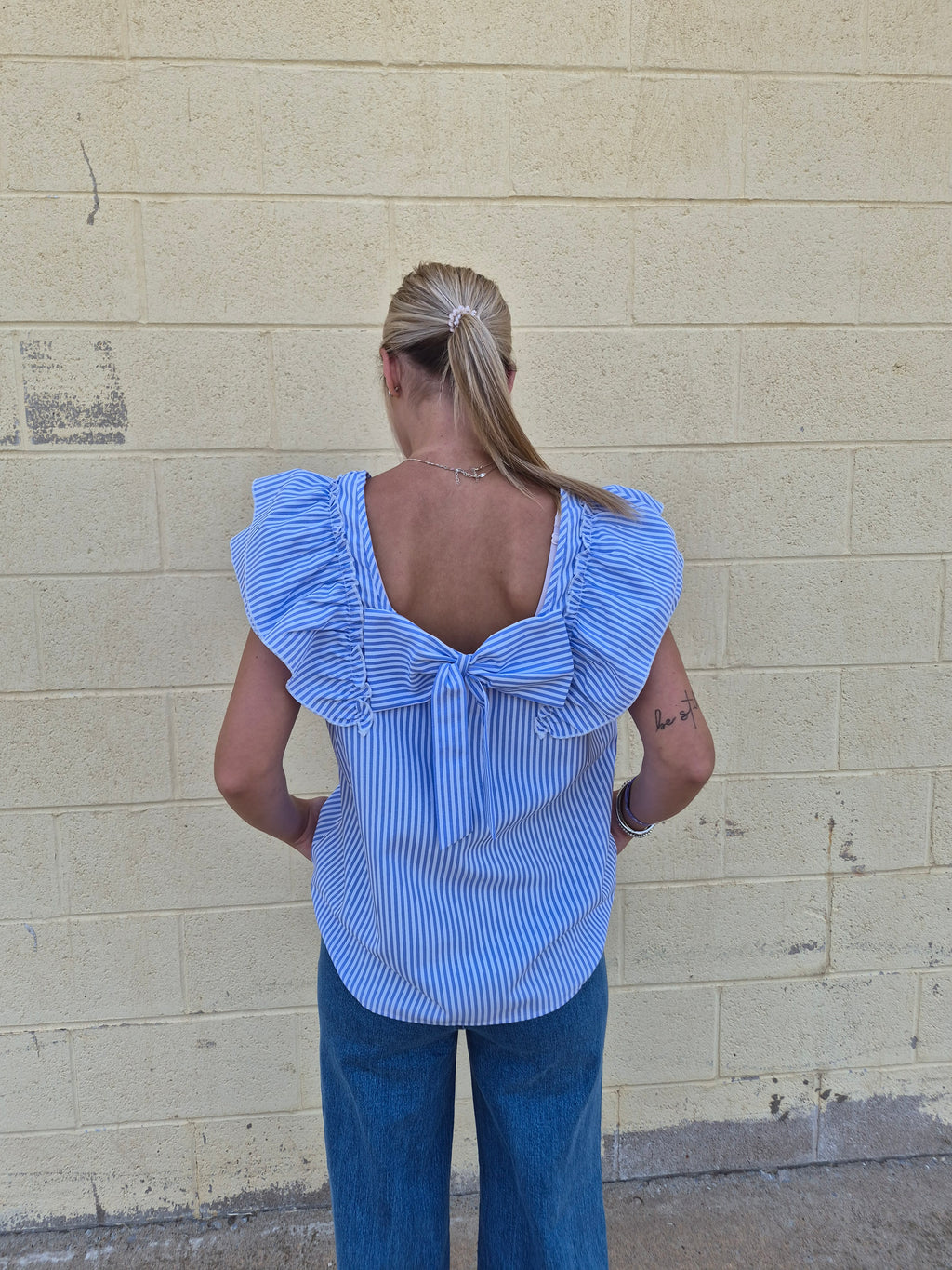 Square Neck Bow Ruffle S/S Blouse Sky Blue