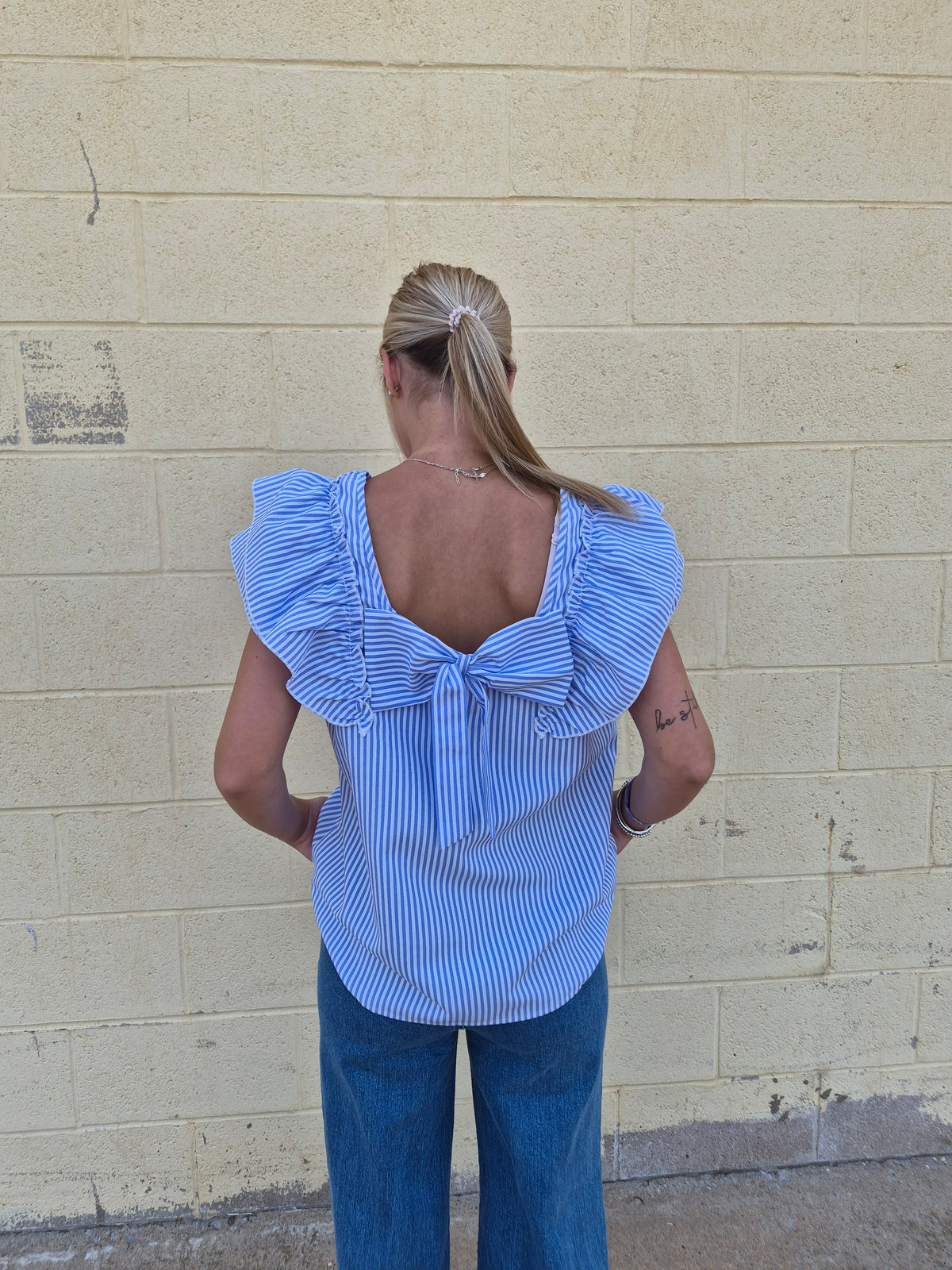Square Neck Bow Ruffle S/S Blouse Sky Blue