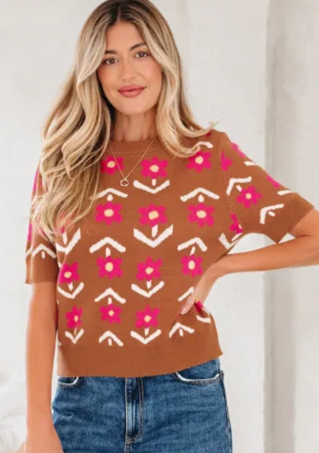 Floral Short Puff Sleeve Sweater - Brown