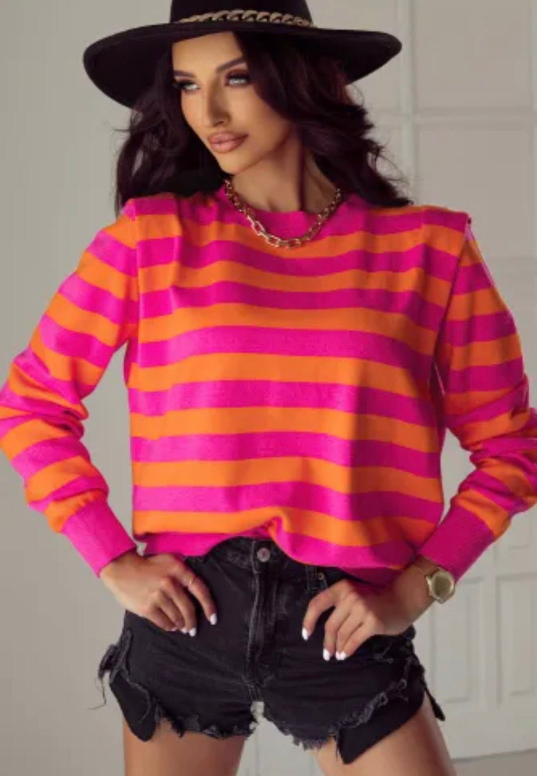 Rose Stripe Round Neck Sweater