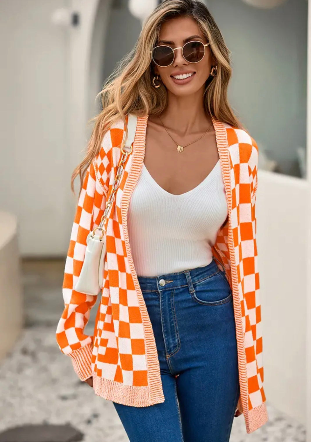 Orange Checkered Open Front Shoulder Cardigan