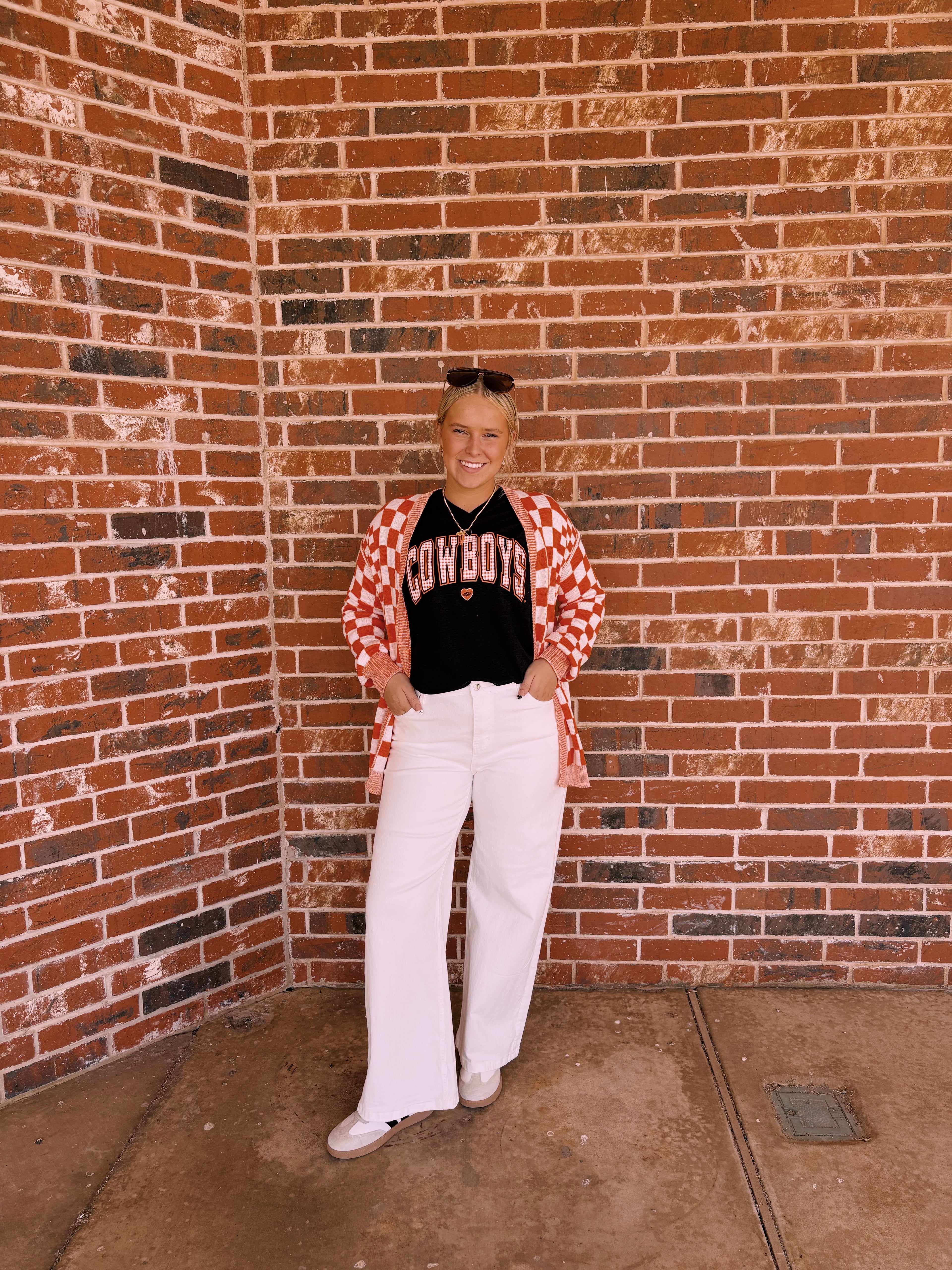 Orange Checkered Open Front Shoulder Cardigan