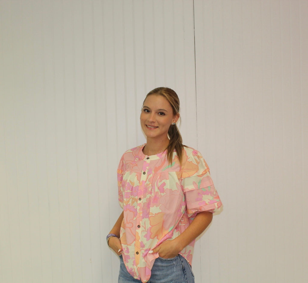 Pink Floral Print Button Down Pintuck