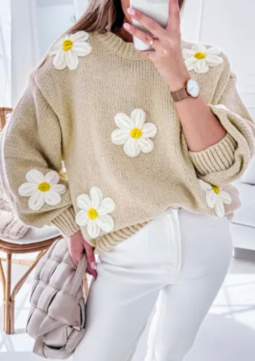 Parchment Floral Crochet Chunky Knit Sweater