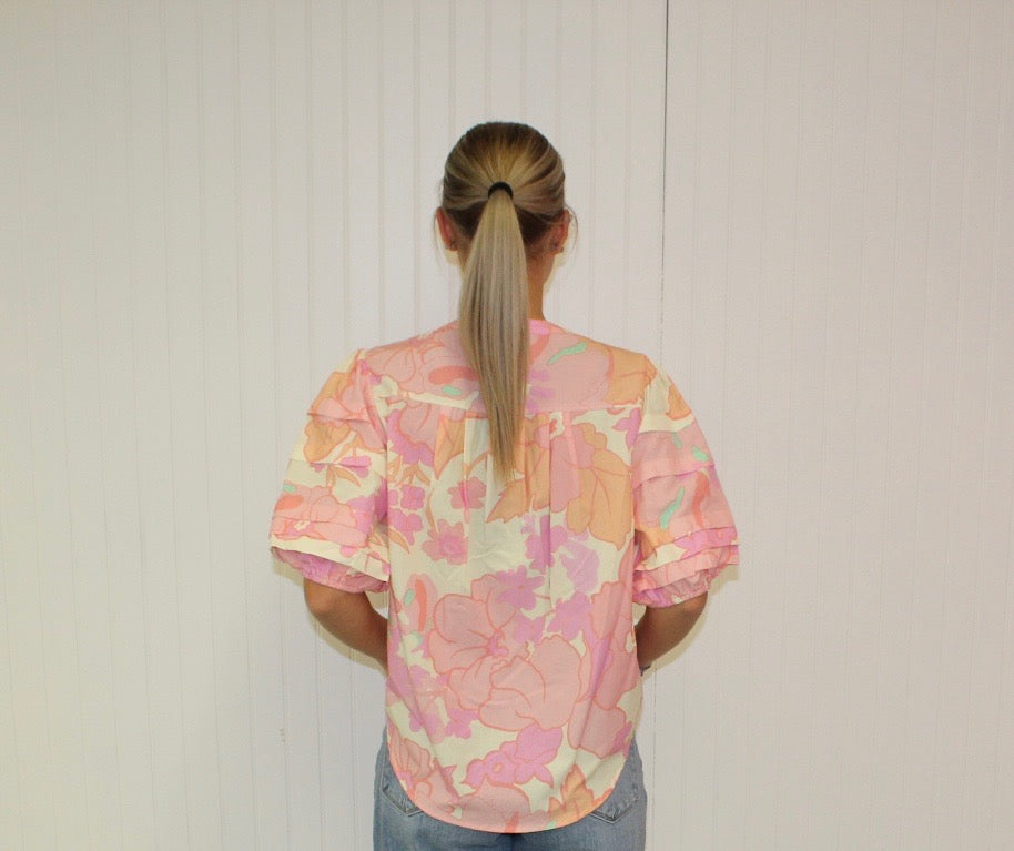 Pink Floral Print Button Down Pintuck