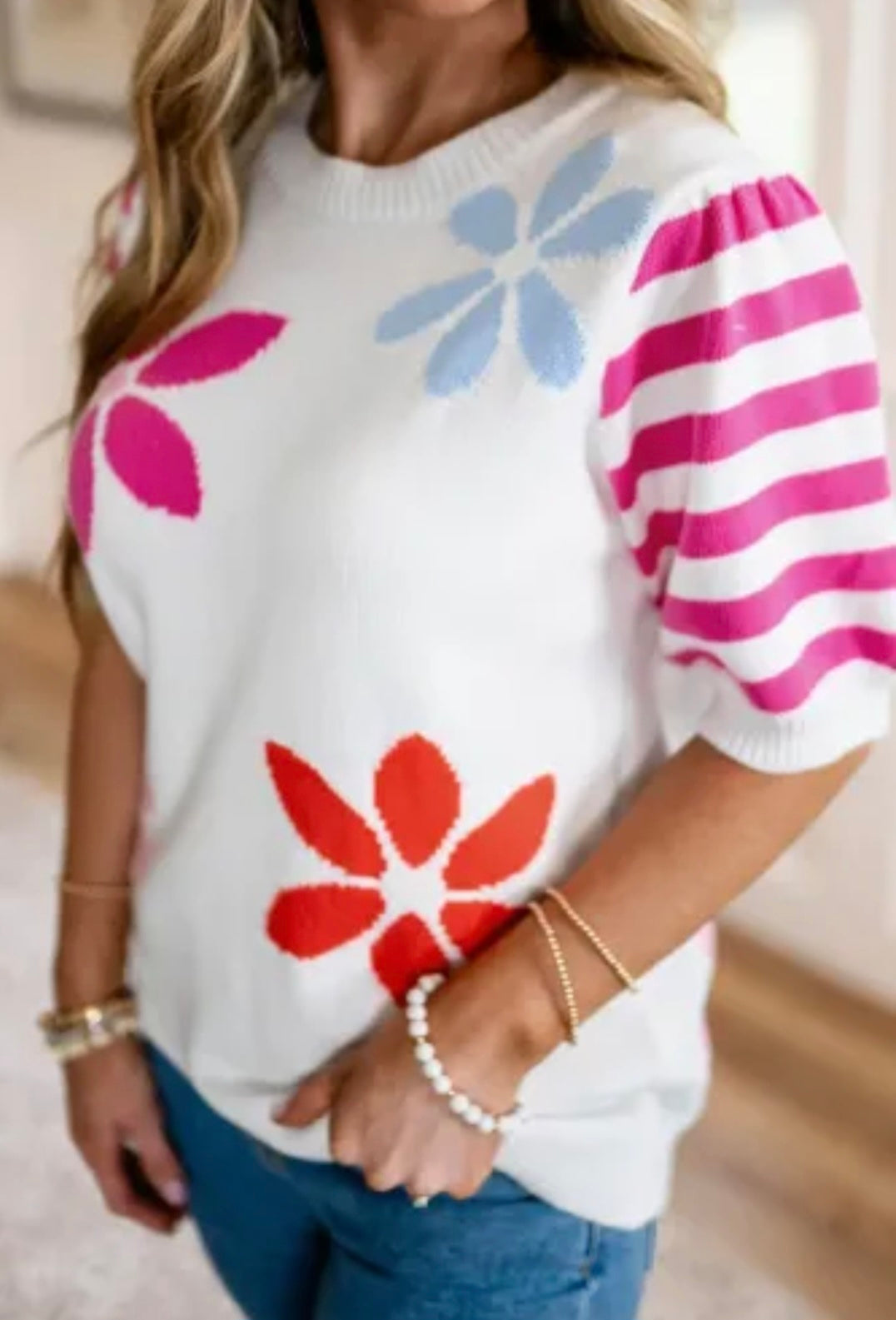 Floral Pattern Striped Sleeve Sweater