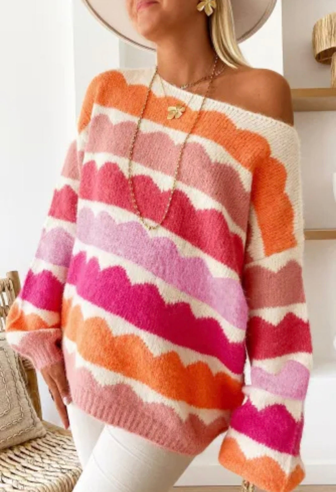 Rose Red Striped Balloon Sleeve Drop Shoulder