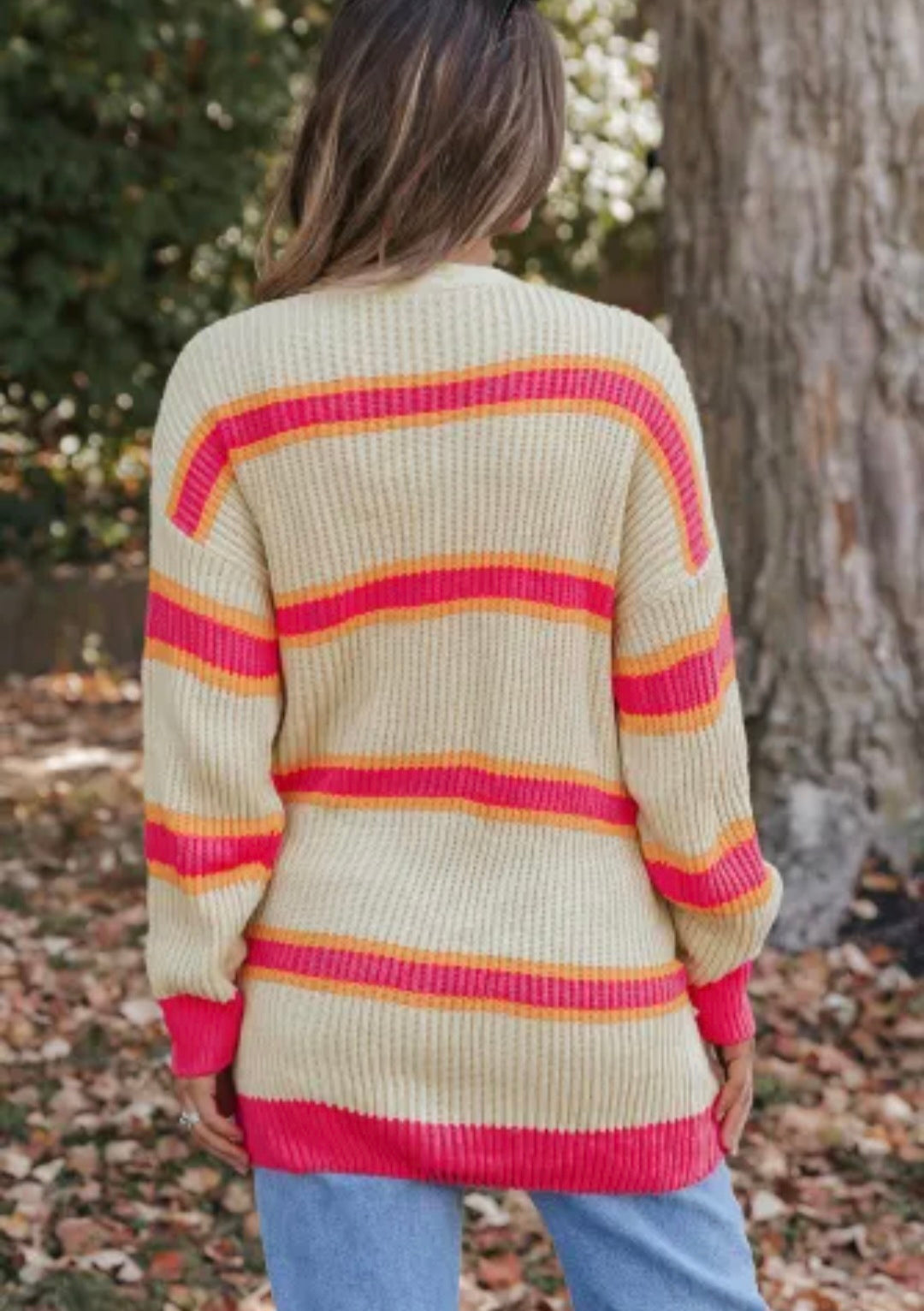 Stripe Printed Ribbed Long Knitted Cardigan