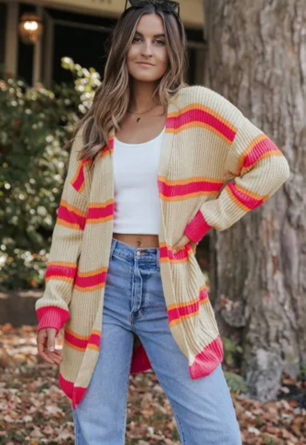 Stripe Printed Ribbed Long Knitted Cardigan