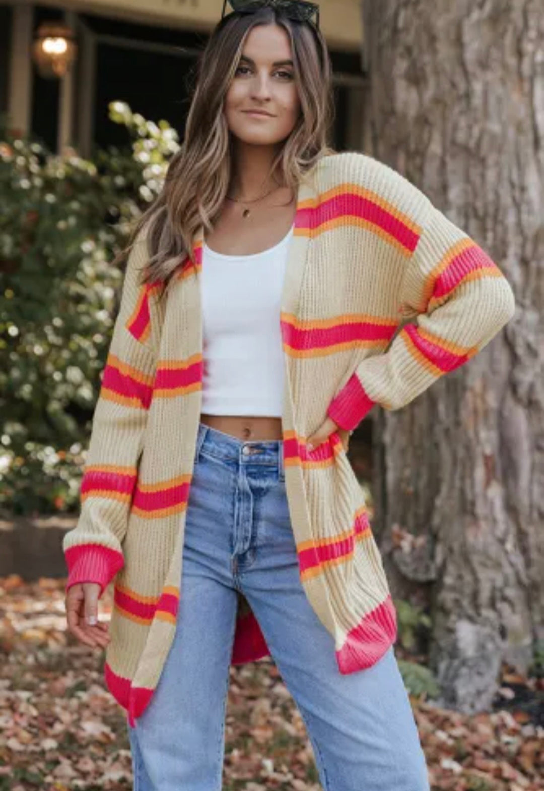 Stripe Printed Ribbed Long Knitted Cardigan