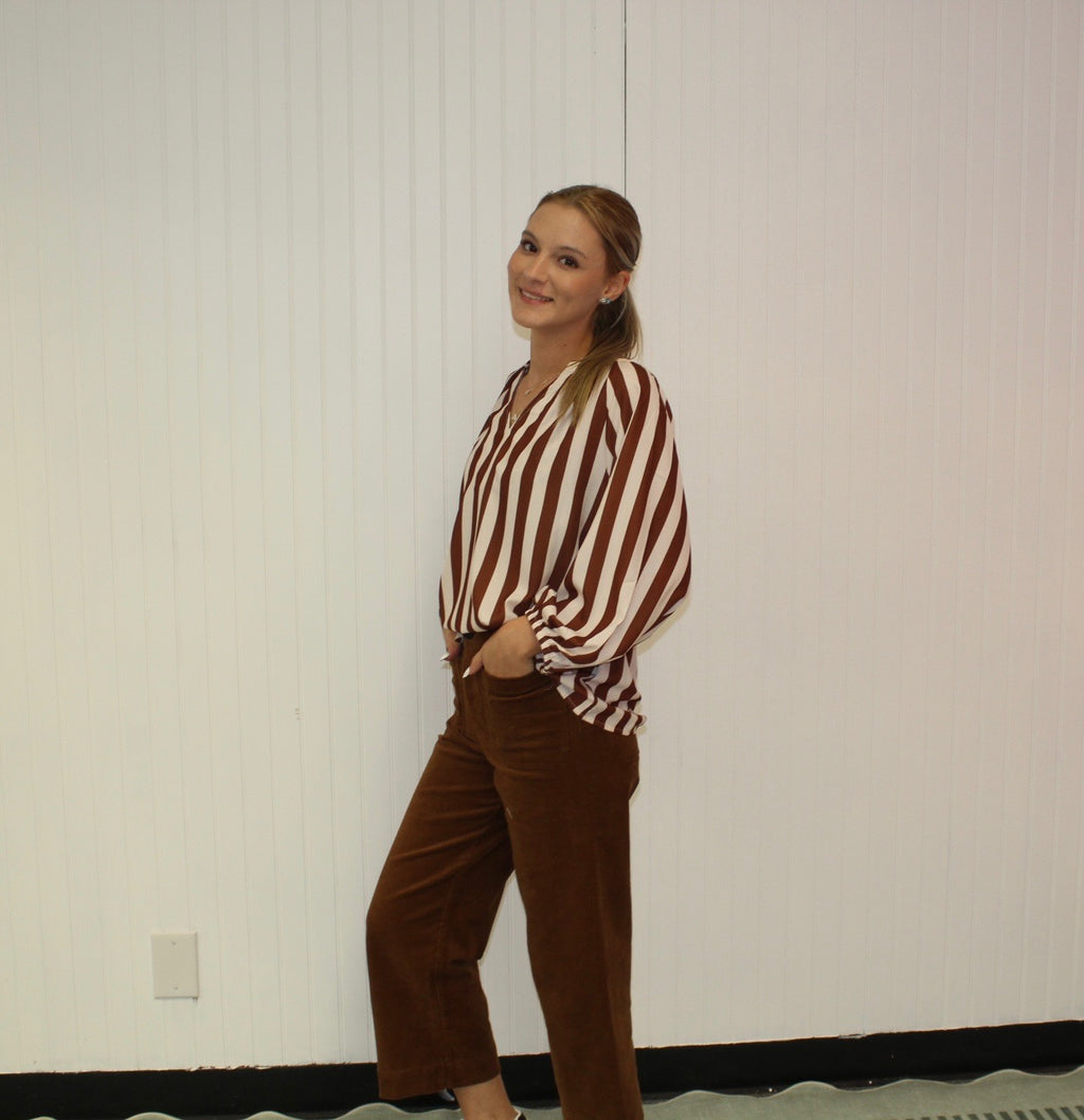 Brown Striped V Neck Bubble Sleeve Blouse