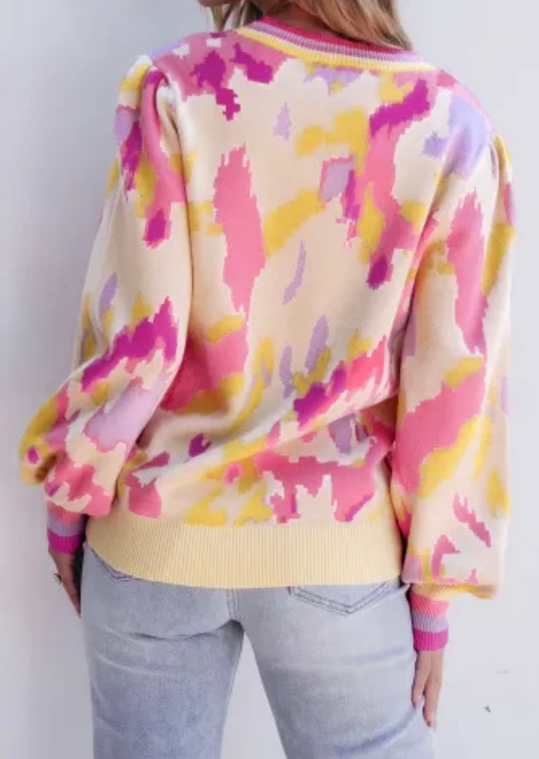 Khaki Color Block Balloon Sleeve Sweater