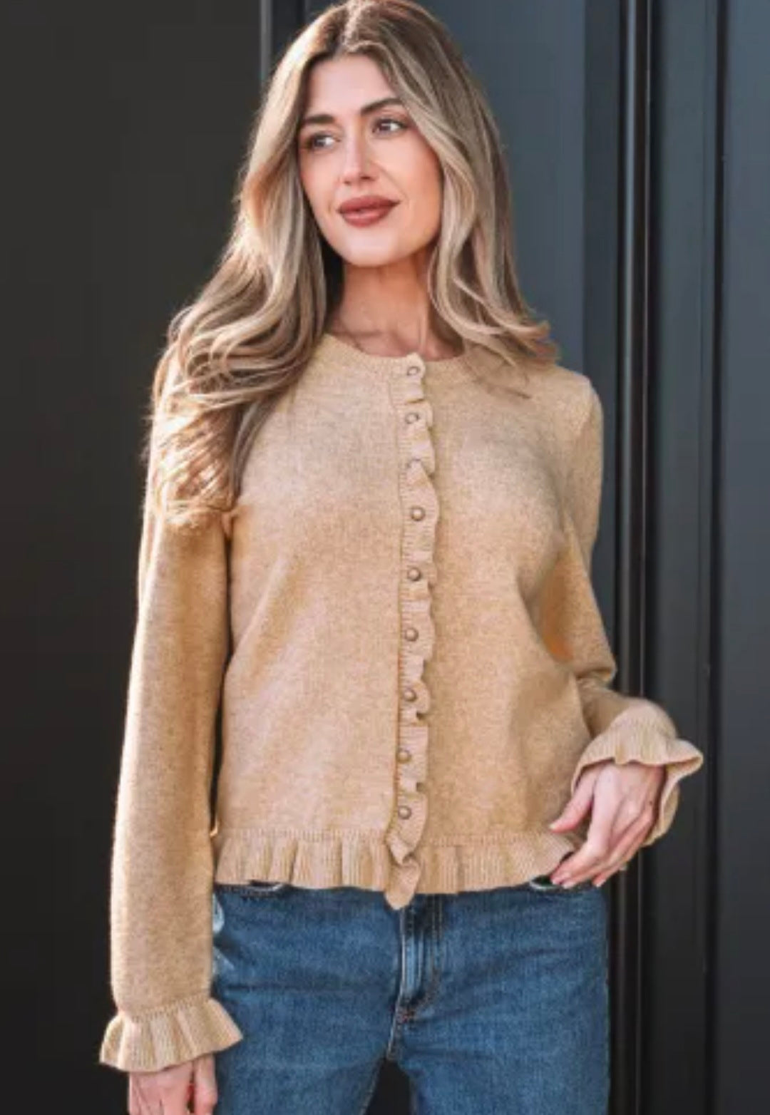 Oatmeal Ruffle Trim Button Sweater Cardigan