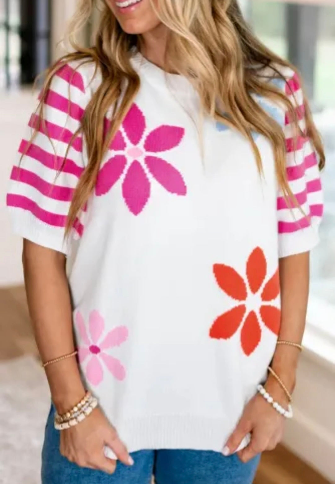 Floral Pattern Striped Sleeve Sweater