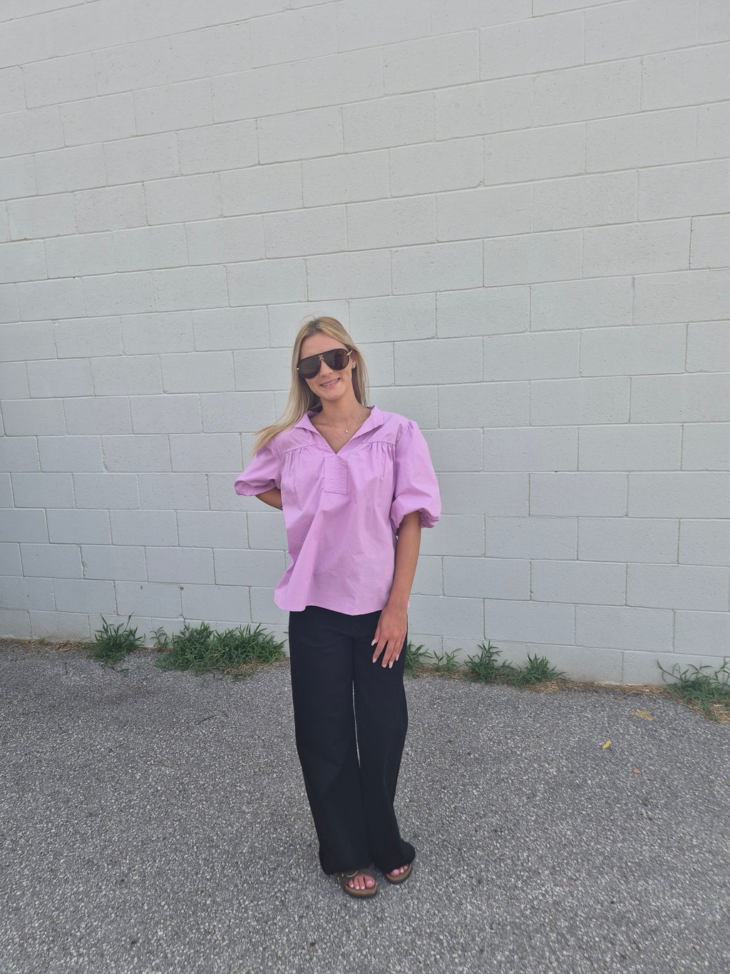 Phalaenopsis V Neck Puffy Half Sleeve Blouse