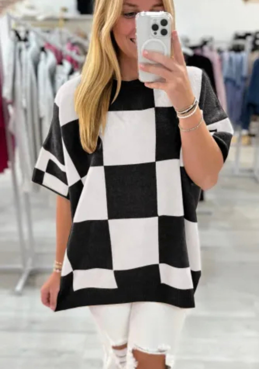 Checkered Loose Fit S/S Sweater-Black