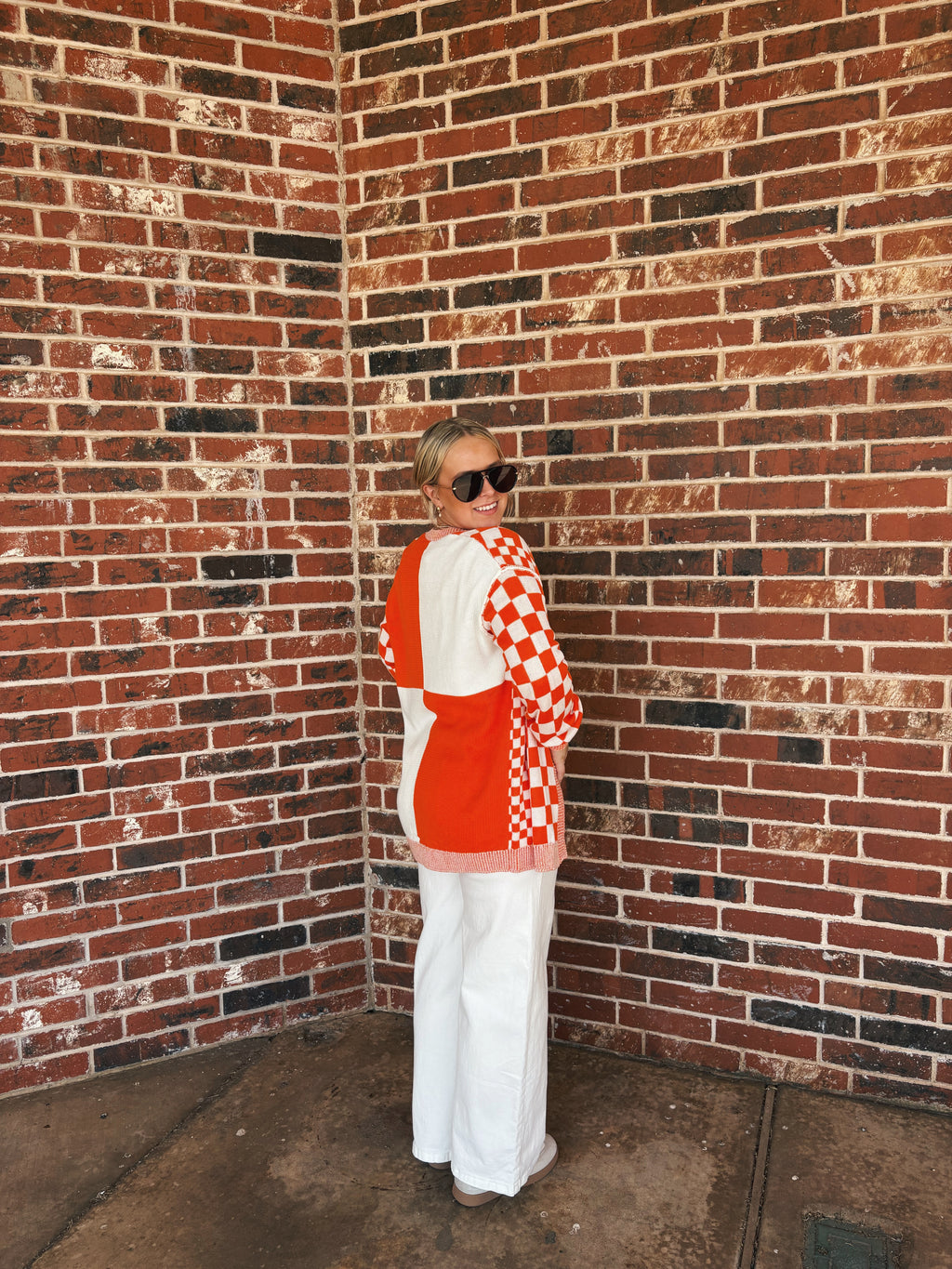 Orange Checkered Open Front Shoulder Cardigan