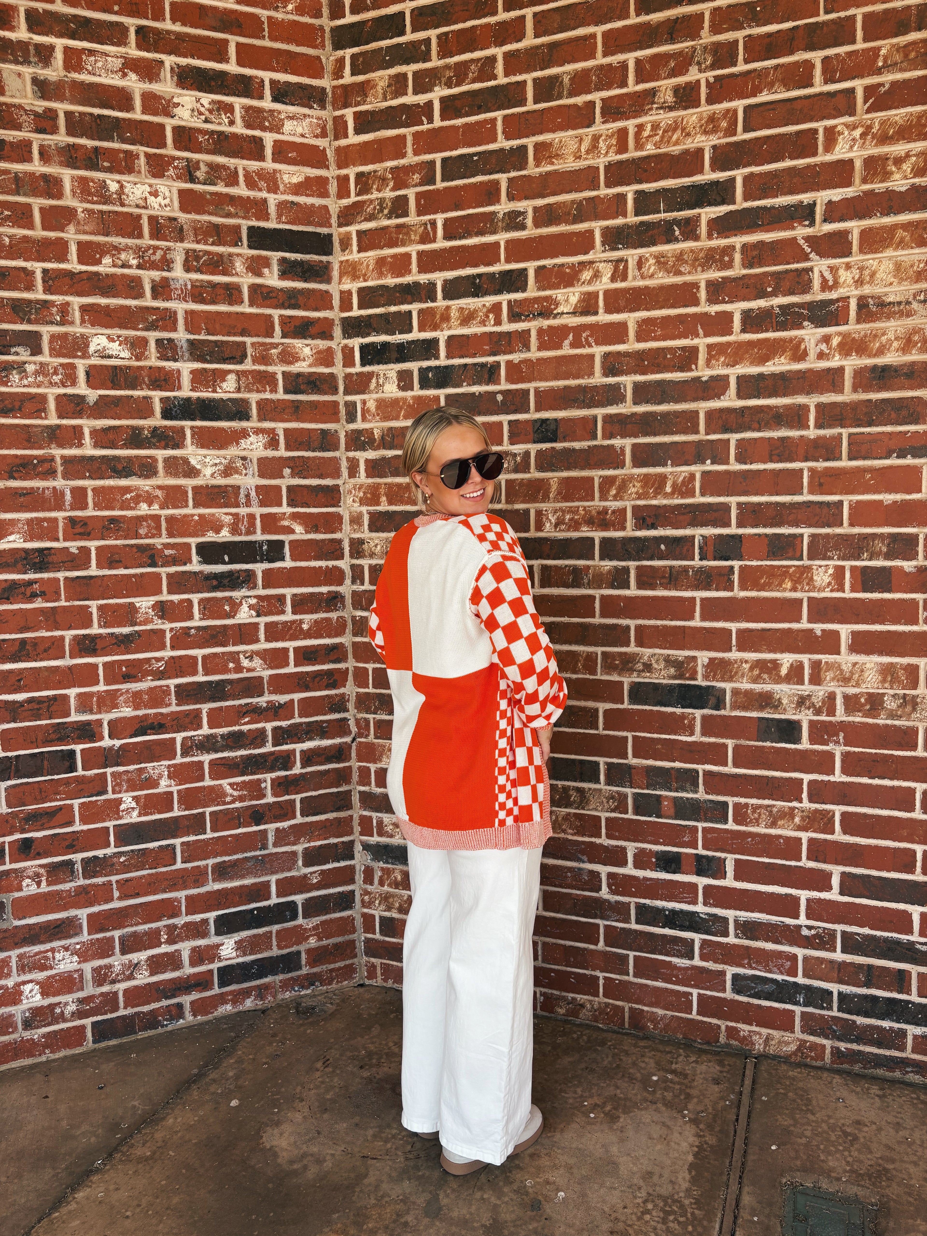 Orange Checkered Open Front Shoulder Cardigan