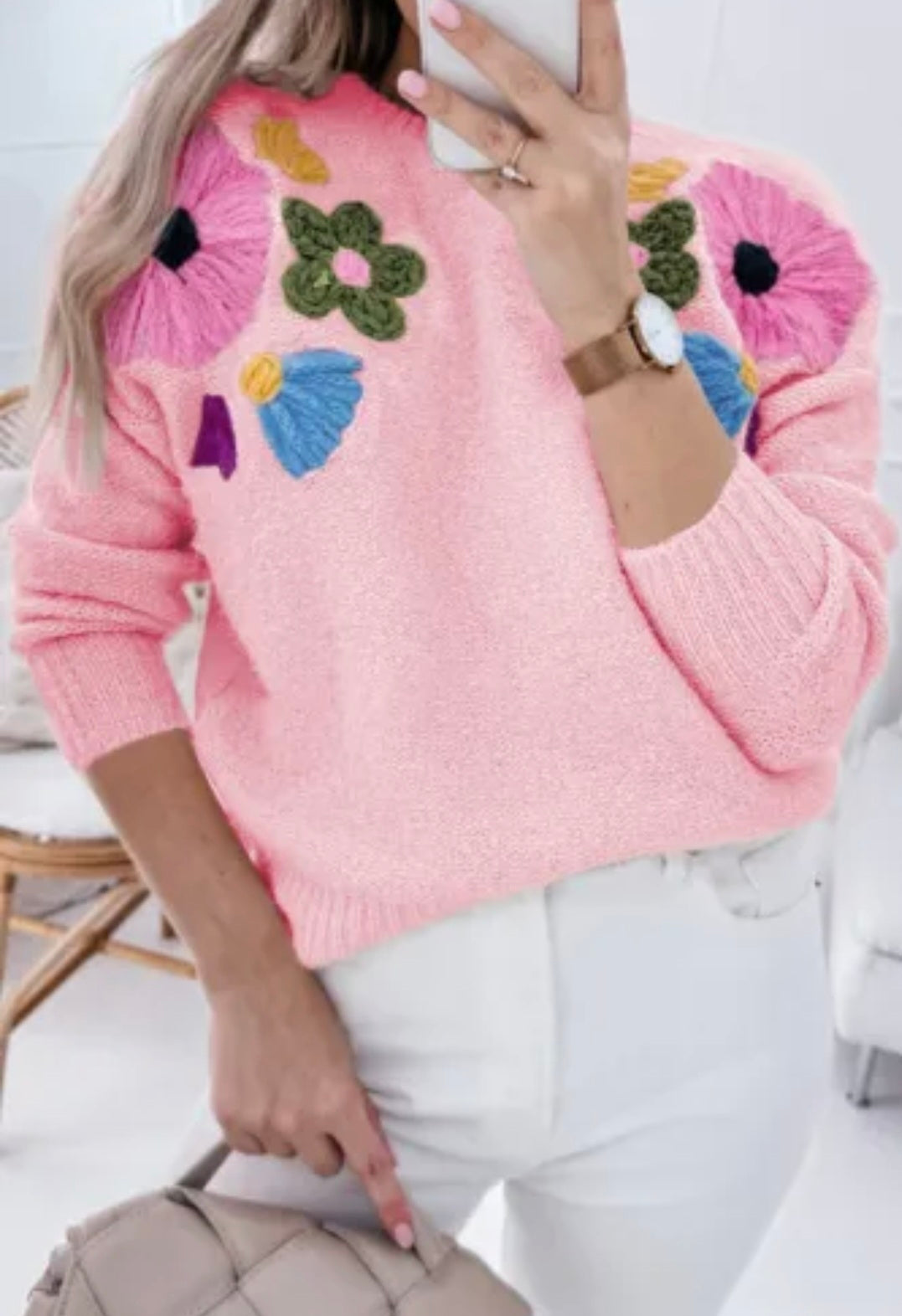 Pink Knitted Flower Pattern Sweater