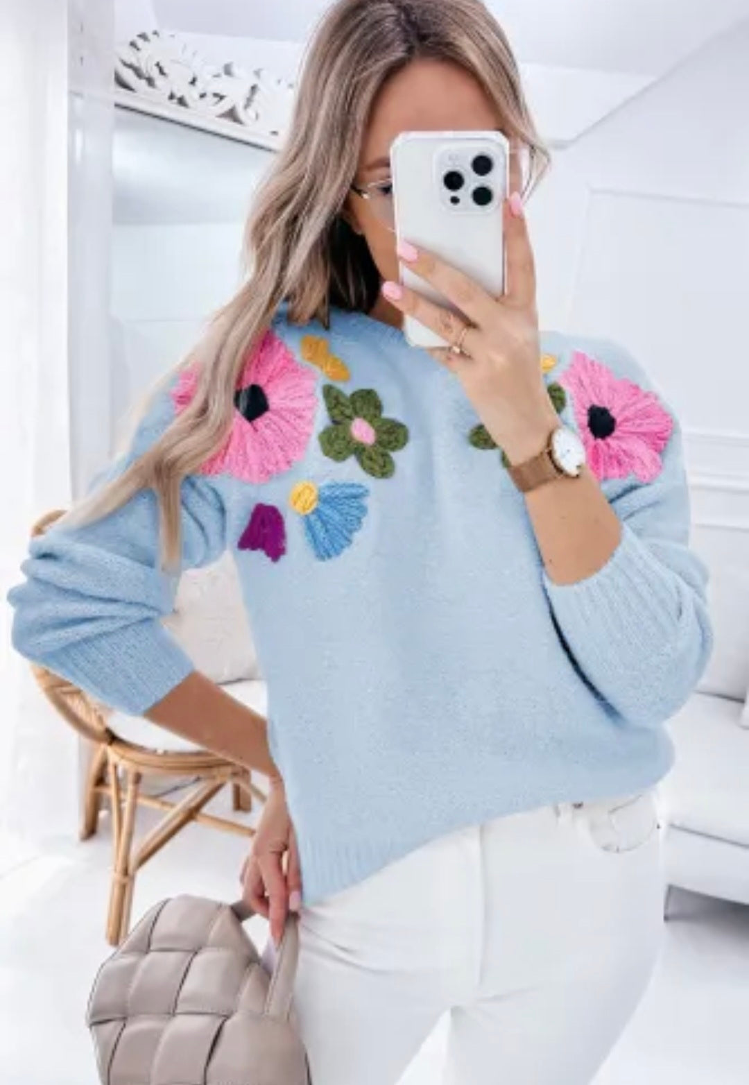 Blue Knitted Flower pattern Sweater