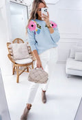 Blue Knitted Flower pattern Sweater