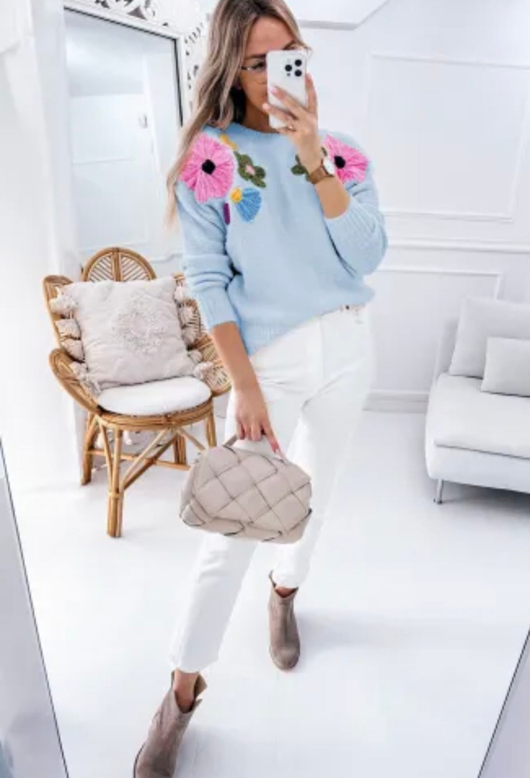 Blue Knitted Flower pattern Sweater
