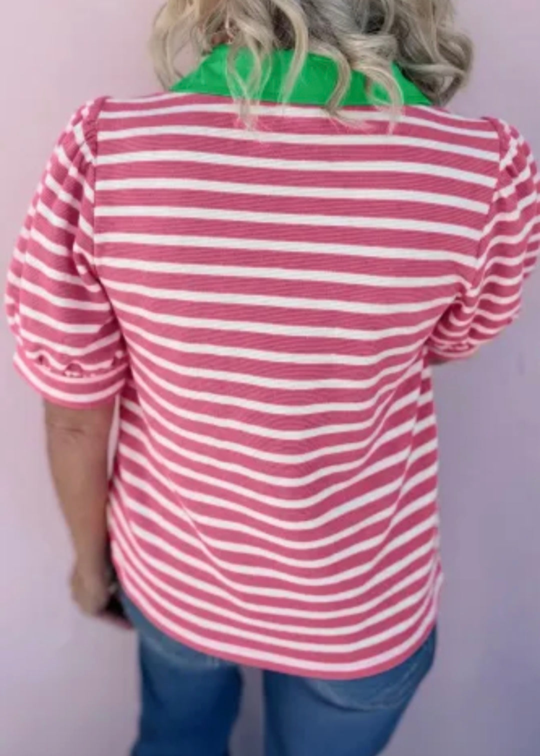 Short Puff Sleeve Blouse Pink Stripe