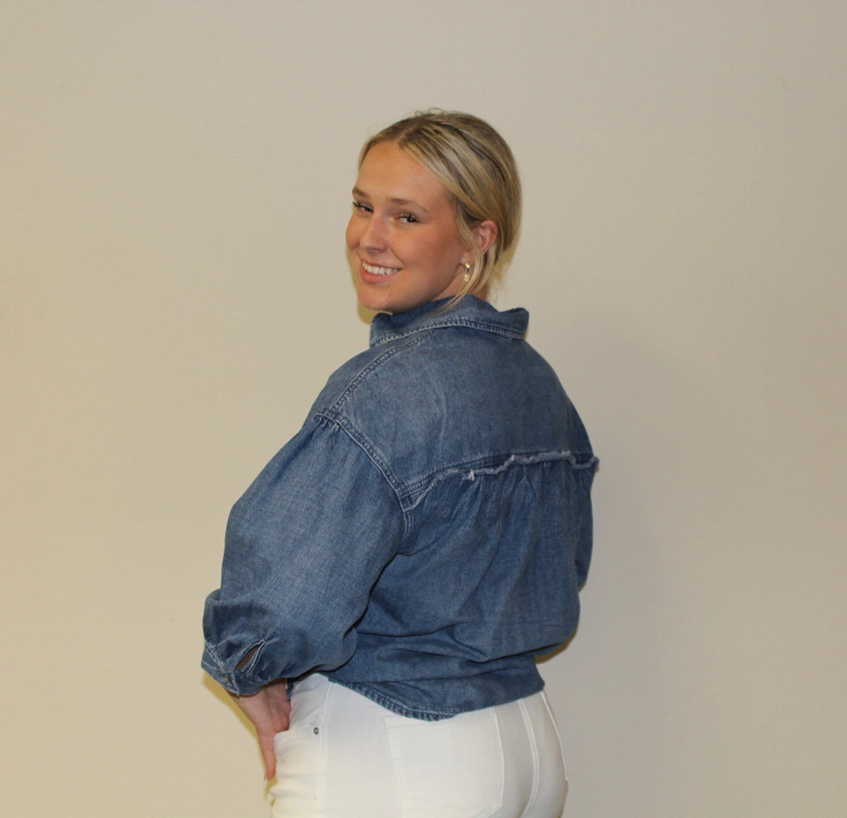 3/4 Sleeve Button Front Loose Denim Shirt