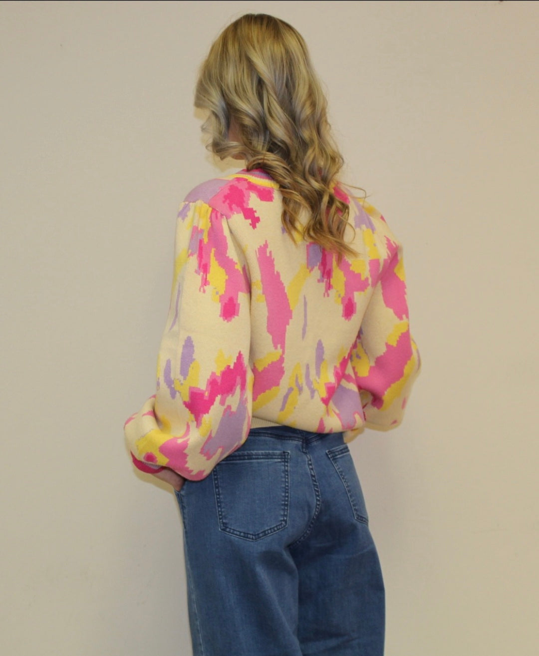 Khaki Color Block Balloon Sleeve Sweater