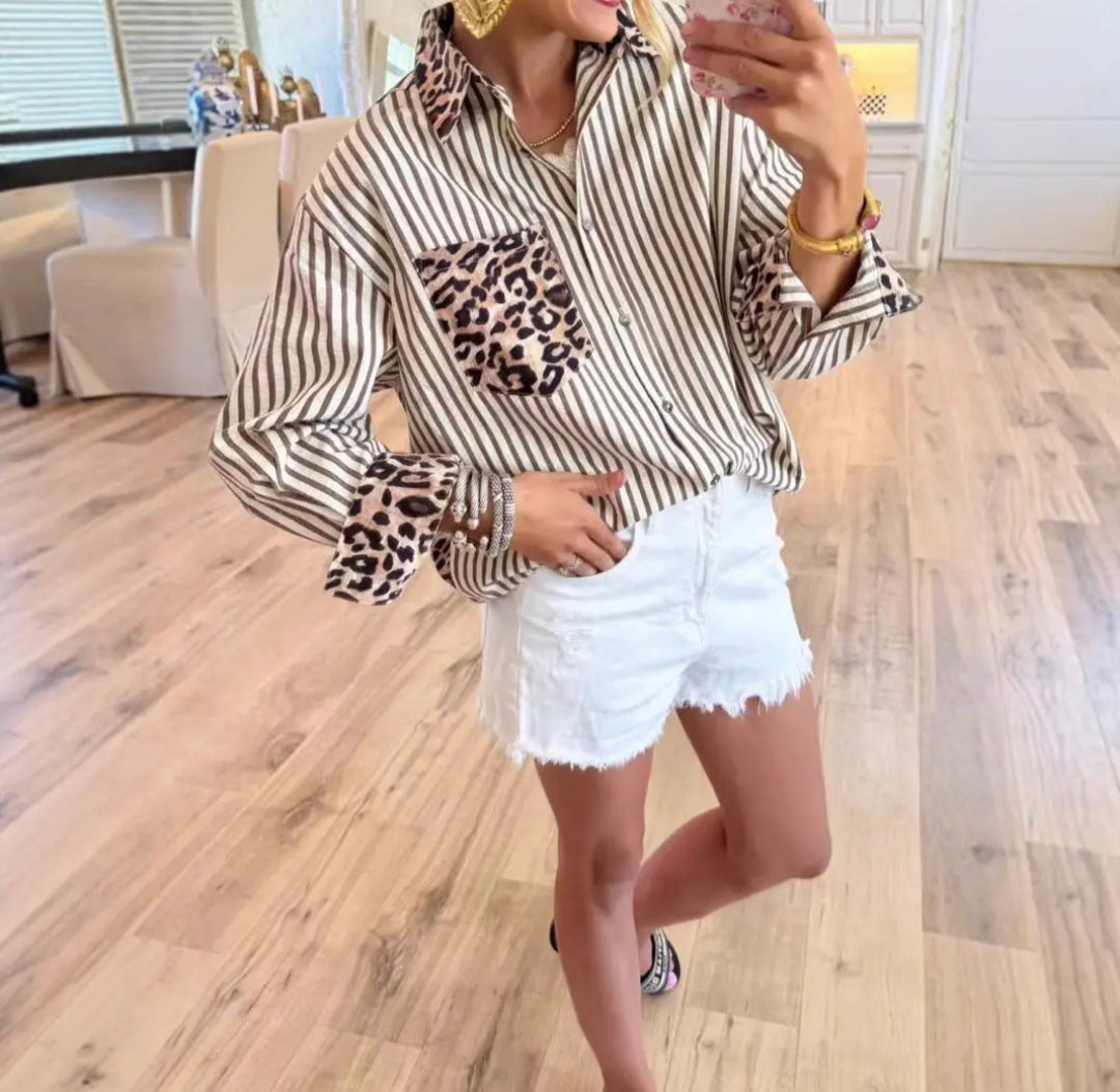 Striped Leopard print Patchwork Blouse