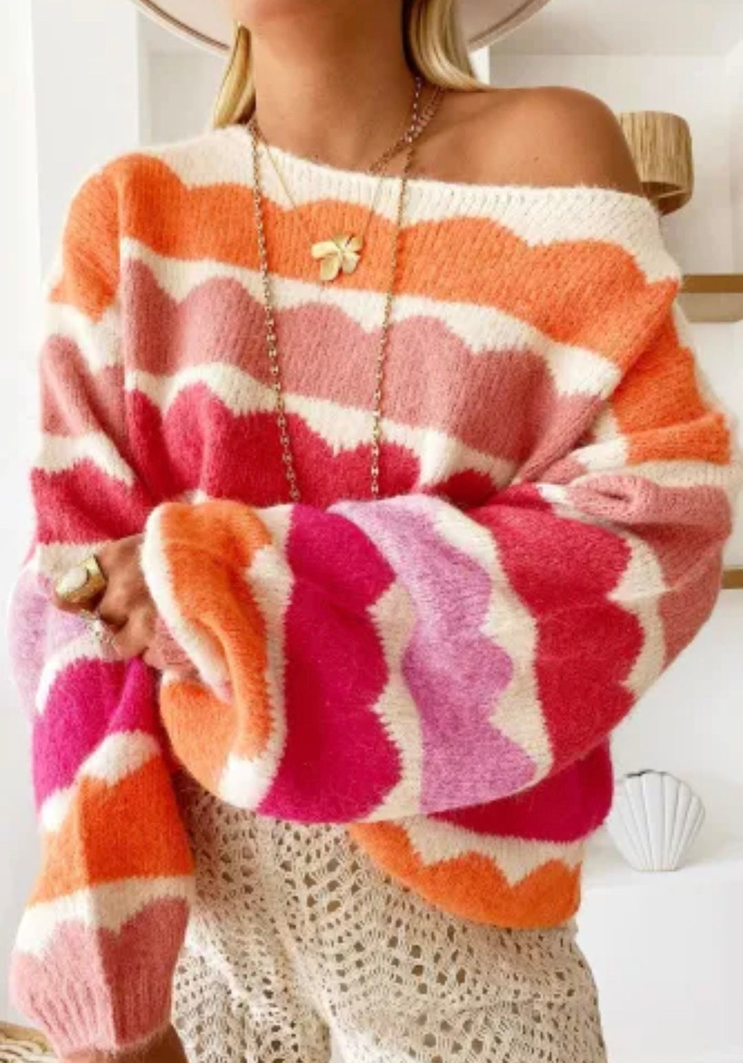 Rose Red Striped Balloon Sleeve Drop Shoulder