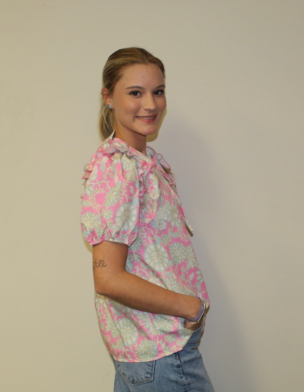 Pink Tie V Neck Floral Puff Sleeve Blouse