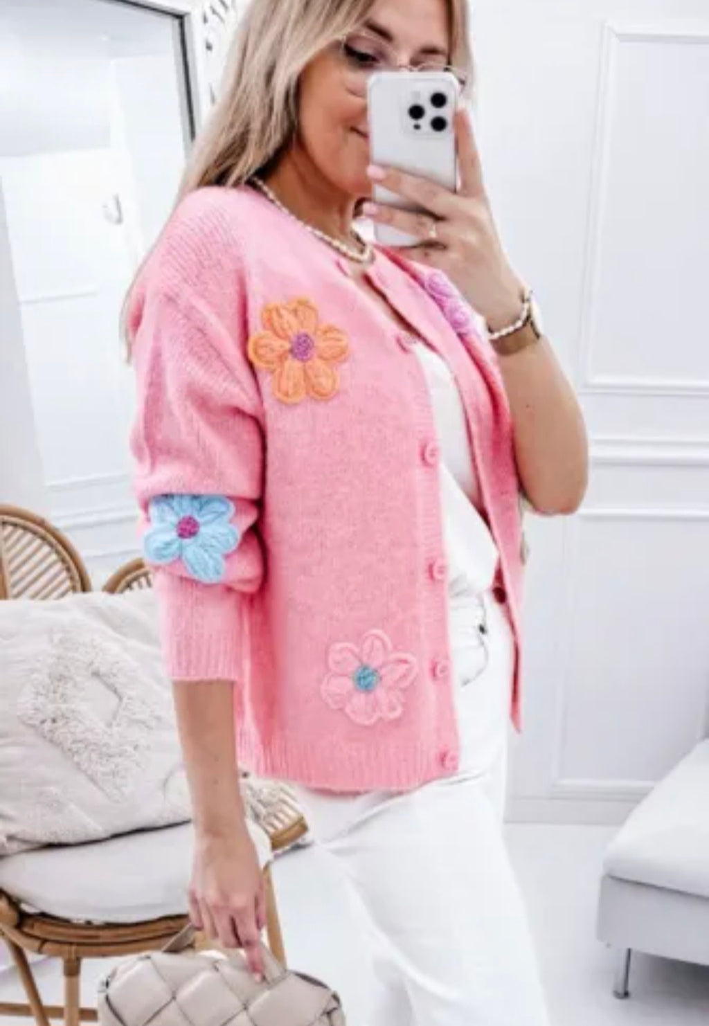 Pink Cute Knitted Floral Button Up Cardigan
