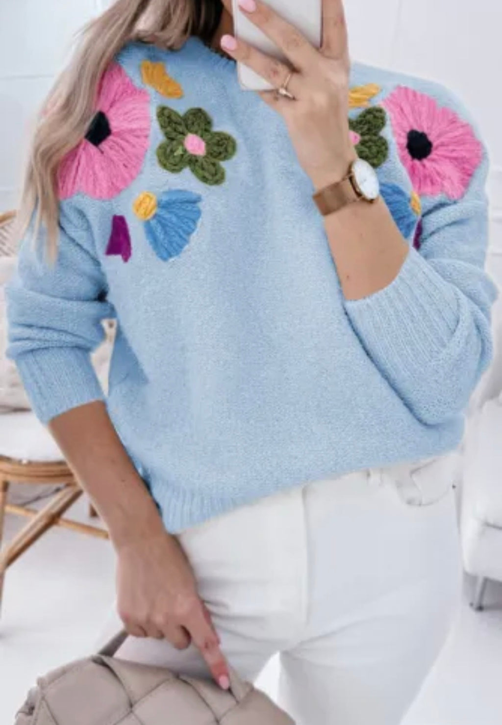 Blue Knitted Flower pattern Sweater