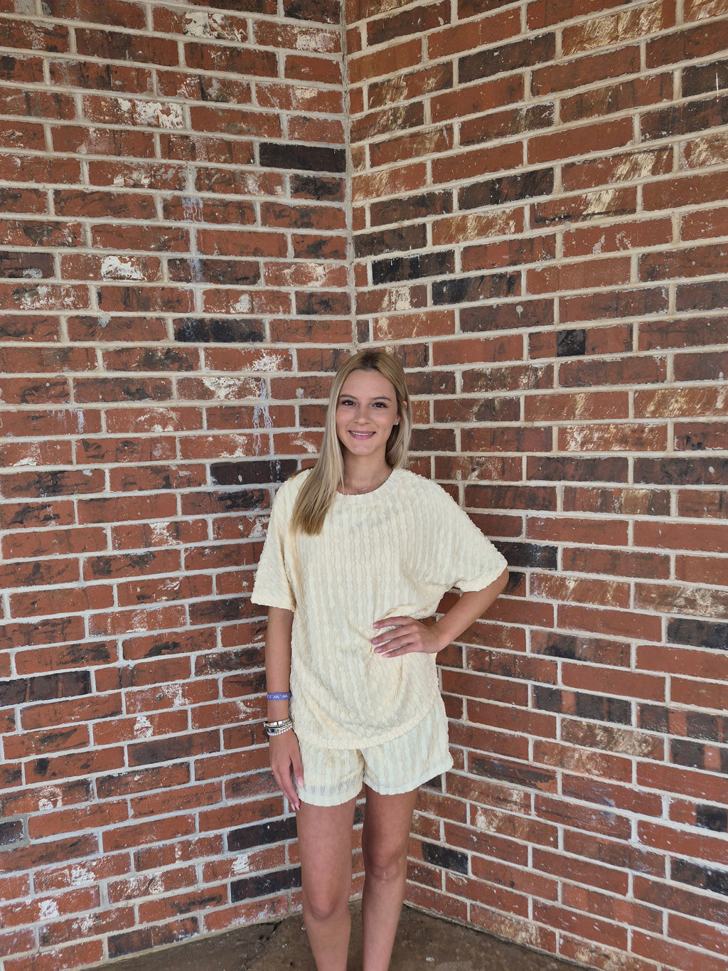 Beige Textured S/S Top and Drawstring Short