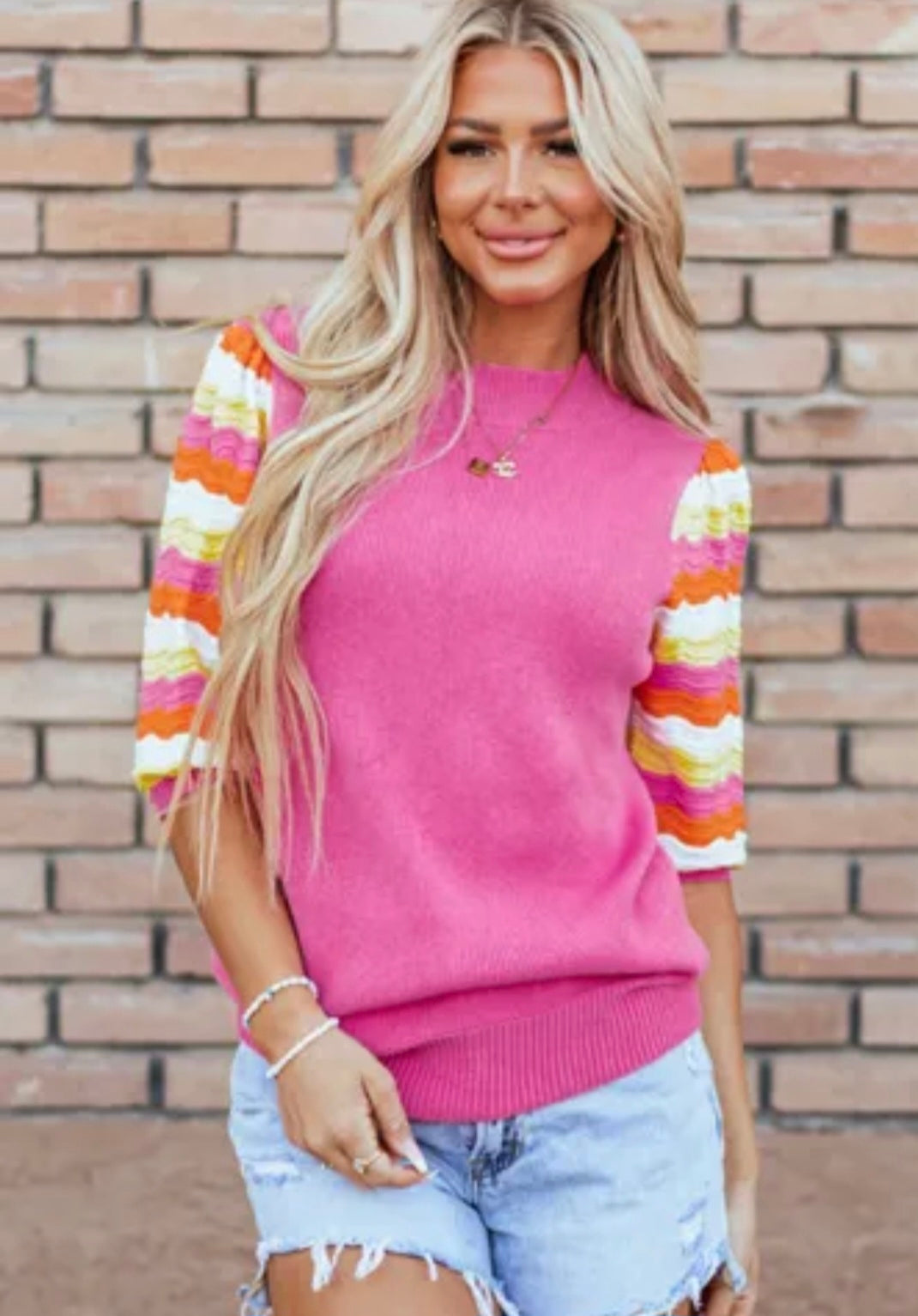 Knit Contrast Sleeve Sweater- Pink